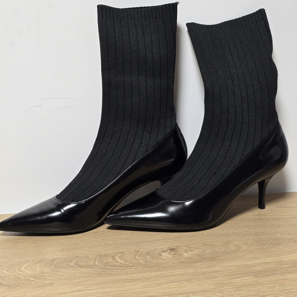 Zara Black Ribbed Sock Heels Size 37 Elegant
